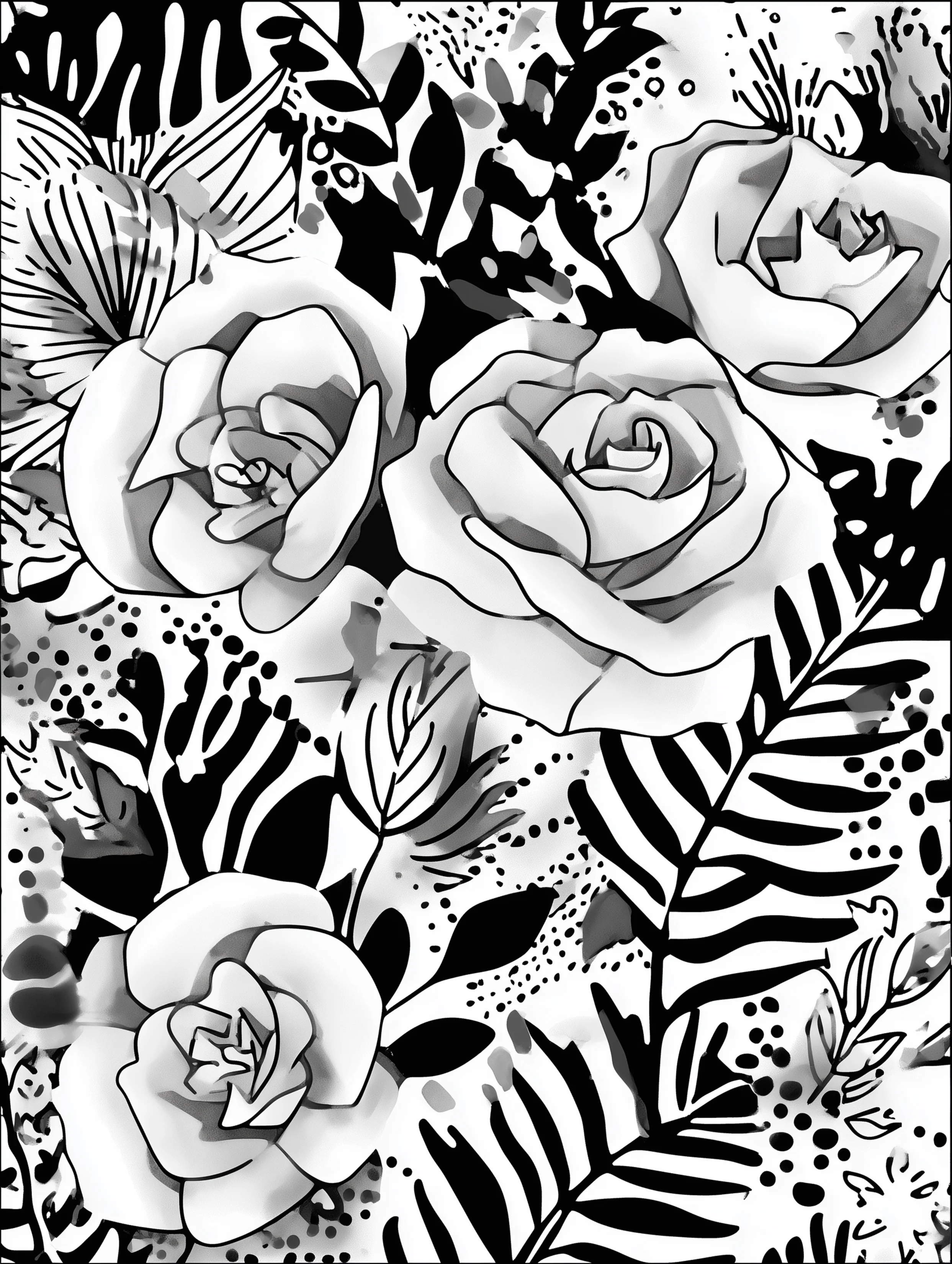 Free printable rose coloring page for adults featuring roses with ferns